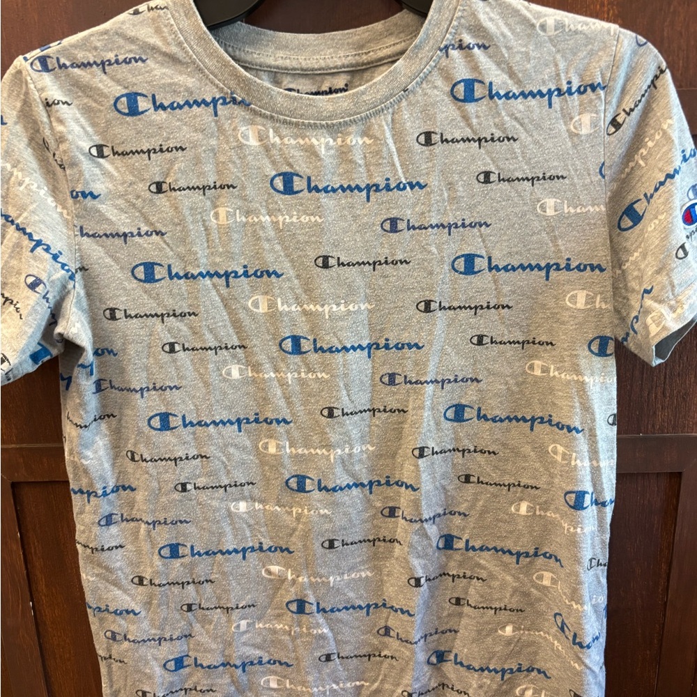 Champion Heather Gray Tee with Blue and Black Logos